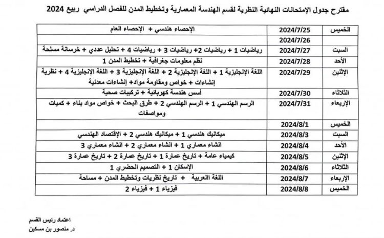 إعلان عن مقترح جدول الإمتحانات النظرية النهائيه لقسم الهندسة المعمارية وتخطيط المدن للفصل ربيع 2024