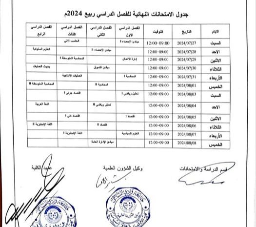 جدول الإمتحانات النهائية للفصل الدراسي ربيع 2024 م لكلية الإقتصاد والعلوم السياسية