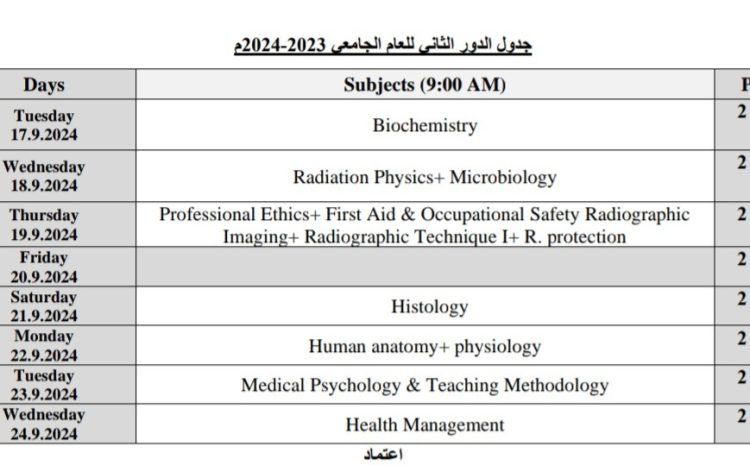 إعلان هام عن جدول إمتحانات الدور الثاني ( نظام السنة ) لكلية التقنية الطبية