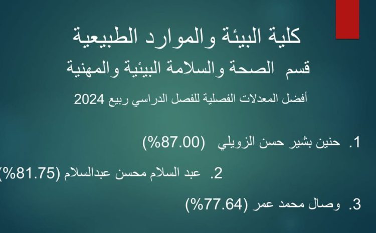  افضل المعدلات الفصلية لقسم الصحة والسلامة البيئية والمهنية بكلية علوم البيئة والمواردد الطبيعية