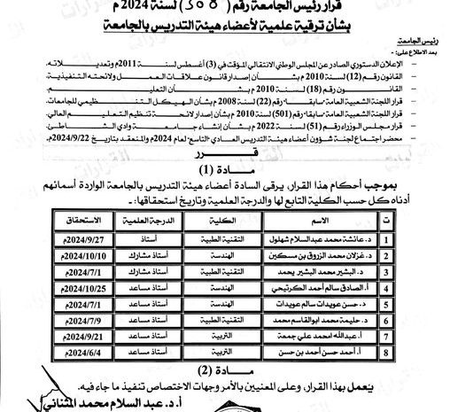 تهنئة لأعضاء هيئة التدريس بجامعة وادي الشاطئ بمناسبة الترقية العلمية