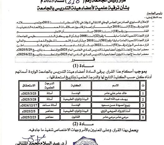 تهنئة بمناسبة الترقية العلمية لأعضاء هيئة التدريس بجامعة وادي الشاطئ