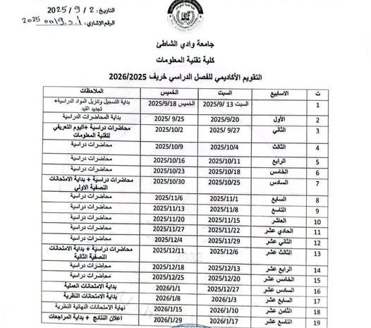  التقويم الاكاديمي للفصل الدراسي خريف 2026/2025م لكلية تقنية المعلومات