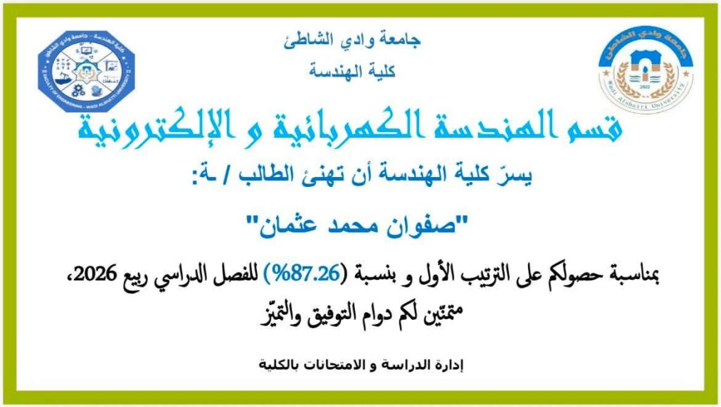 أسماء أوائل الأقسام العلمية للفصل الدراسي ربيع 2026 الإثنين | 13 يوليو 2026بكلية الهندسة